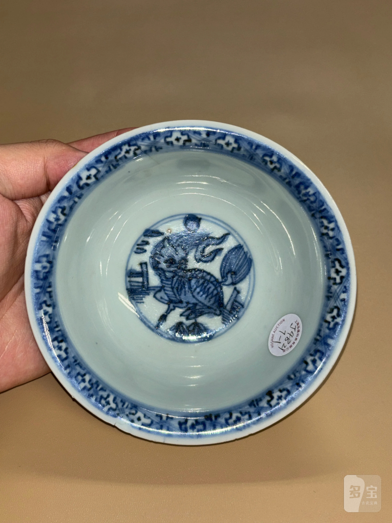 明晚期 外白釉内青花麒麟望月纹碗一对 - 图6
